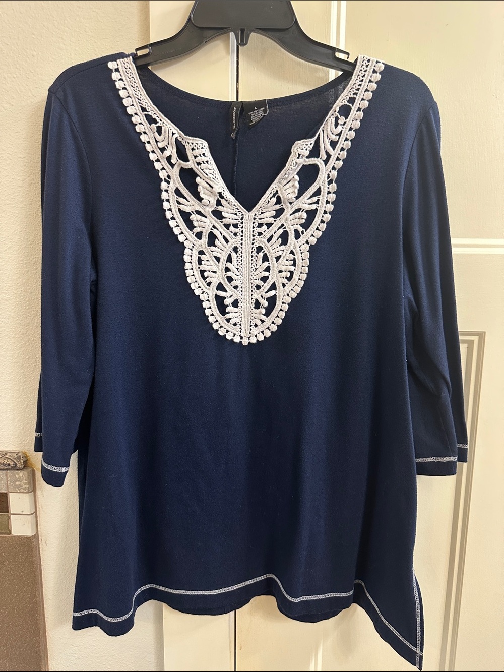 new directions Navy Top with White Crochet V-Neckline